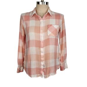 Rails Charli Peach Pearl Linen Blend Plaid Button Down Shirt Womens Medium